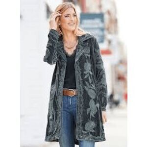 Time for Me Velvet Embroidered Floral Long Sleeve Coat Jacket Blue Large